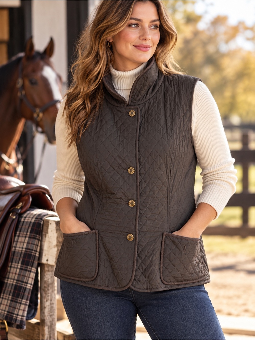 Talbots Chocolate Brown Quilted Fleece Lined Vest Women’s L Equestrian
